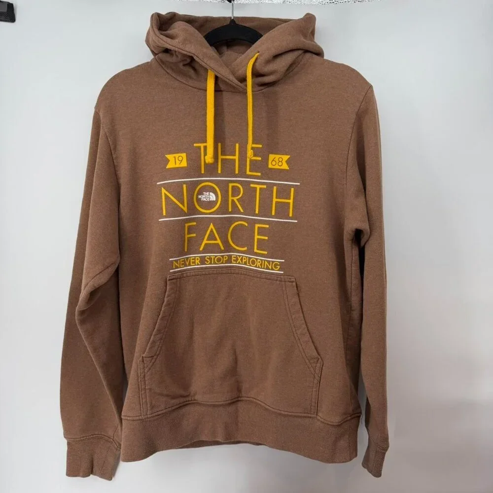 The North Face Men’s Hoodie Heather Brown Yellow Logo Size M